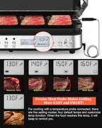 Panini Press Grill Sandwich Maker with Removable Plates, 1600W, 5 in 1 Smokeless Indoor Grill & Griddle with Meat Thermometer, Electric Contact Grills for Kitchen, Stainless Steel