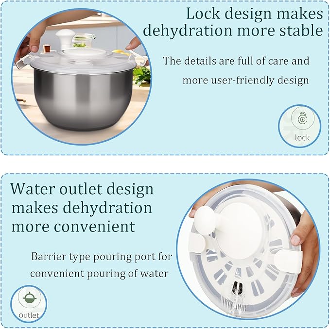 6L-Stainless Steel Salad Rotator, Non-Slip Base, Vegetable Dishwasher, Multi-Use Lettuce Spinner, Kitchen Strainers.