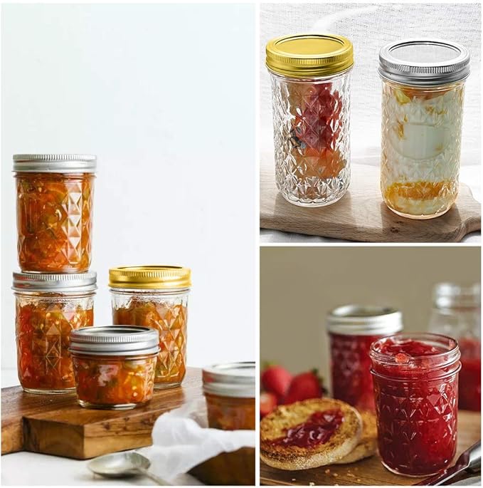 SPANLA 12 Pack Glass Mason Canning Jars With Regular Lids, Ideal for Jam, Jelly, Honey, Wedding Favors, Shower Favors, Baby Foods DIY Spice Jars - 4 OZ x 4, 8 OZ x 4, 12 OZ x 4