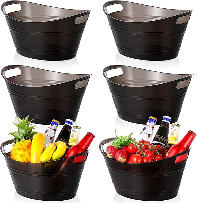 meekoo 6 Pcs Plastic Ice Buckets Bulk with Handles 4.5L Oval Storage Tub Large Capacity Ice Drink Bucket for Party Bar Wine Beer Champagne Beverage Bottle Cooler (4.5 L,Black)