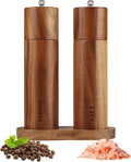 Acacia Wood Salt and Pepper Grinder Set with Base - Adjustable Ceramic Rotor Manual Pepper Mill and Salt Shaker - Refillable Wooden Spice Grinders for Kitchen Cooking, Farmhouse Decor & Gifts