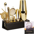 Cocktail Shaker Set Bartender Kit with Bamboo Stand, 15-Piece Stainless Steel Bar Set Accessories, Professional Bartending Kit Home Bar Tools Set with Recipes (Gold, Black Stand)