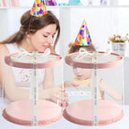 JCD Pink Multi-Layer 10 * 10 Inch Round Clear Cake Boxs with Ribbon,6 Pack Tall Transparent Packaging Cake Containers PET Cake Carrier Box for Birthday (Pink, Round 10inch/6pcs)