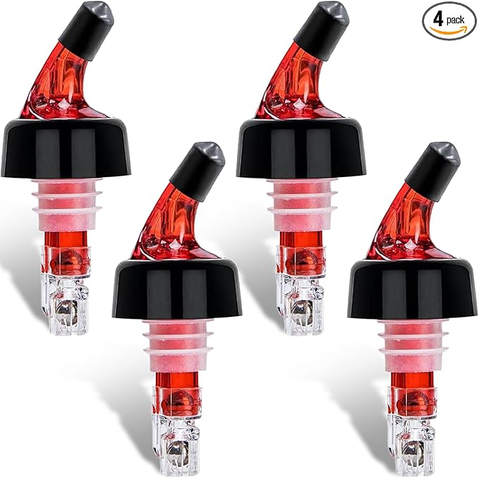 LINALL Automatic Measured Bottle Pourer - Pack of 4, 1 oz (30 mL) Quick Shot Spirit Measure Pourer Drinks Wine Cocktail Dispenser Home Bar Tools (Red 4pcs) (4)