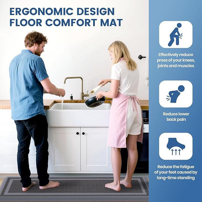 KitchenClouds [2 PCS] Kitchen Rugs Cushioned Anti-Fatigue Kitchen Mats for Floor Waterproof Kitchen Rug Set Non-Slip Comfort Standing Mat for Office, Sink, Laundry 20"×30"+20"×47", Grey