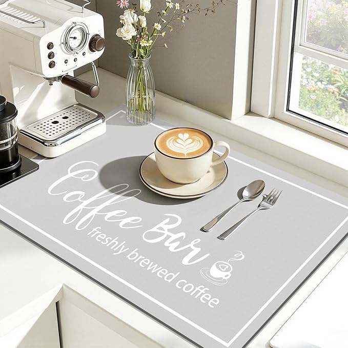 Findosom Dish Drying Mat, 12"x 20" Super Absorbent & Hide Stain Coffee Mat, Cuttable Drying Mat for Kitchen Counter, Coffee Bar Accessories, Under Dish Rack, Coffee Maker, Espresso Machine, LightGrey