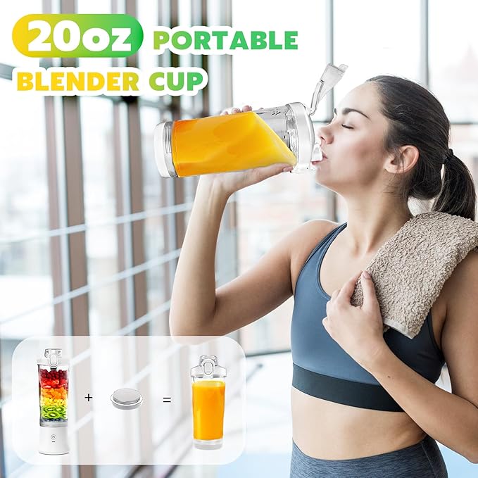 Portable Blender Personal Juicer for Shakes and Smoothies - 20 OZ Electric Protein Shaker Bottle with Insulated Sleeve, Travel Lid, USB-C Rechargeable - Mini Small Blender Cup for Kitchen, Office, Gym