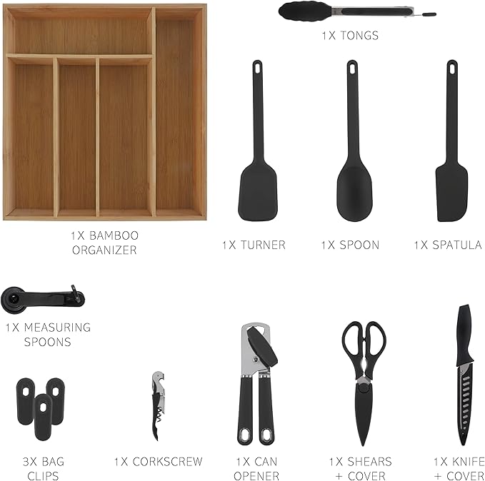 COOK WITH COLOR Bamboo Kitchen Utensil Set with Drawer Organizer | Cooking Tools and Storage Caddy, Black, 18 Piece Gadget Set