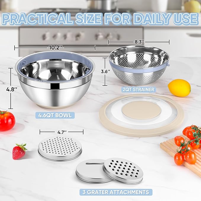 TeamFar 4-1 Colander with Bowl Set, Rotatable Colander for Kitchen, Stainless Steel Food Strainers and Colanders Mixing Bowl with Graters, for Veggies Fruits Washing, Pasta Straining - Khaki