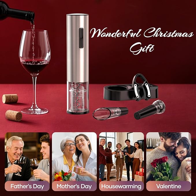 Crenova Wine Opener Electric, Rechargeable Wine Bottle Opener, Automatic Corkscrew with Vacuum Stopper, Aerator Pourer, Foil Cutter, Display Base, House Warming Gifts for New Home Wedding Birthday
