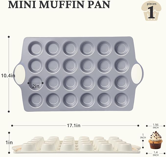 BRONYPRO 24-Cup Non Toxic Nonstick Ceramic Mini Muffin Pan & Cupcake Tin, PFOA & PFOA Free, Heavy Duty Rust-Resistant Aluminized Steel, Oven & Dishwasher Safe, Cream White