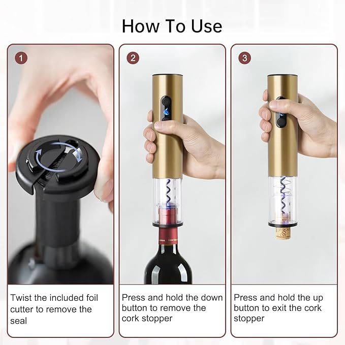 Rechargeable Wine Opener by ELMWAY, Electric Wine Bottle Opener with Foil Cutter, LED Light and Stainless Steel Shell, Cordless Corkscrew & Cork Remover, Gifts for Wine lover- Gold