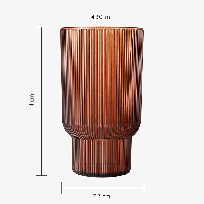 Shatterproof Acrylic Tall Drinking Glasses Set, European Style, Dishwasher Safe, Ribbed | Set of 4 | Fluted Tritan, Unbreakable BPA-free Plastic, Reusable Stackable Glassware 14.5oz - Burnt Orange