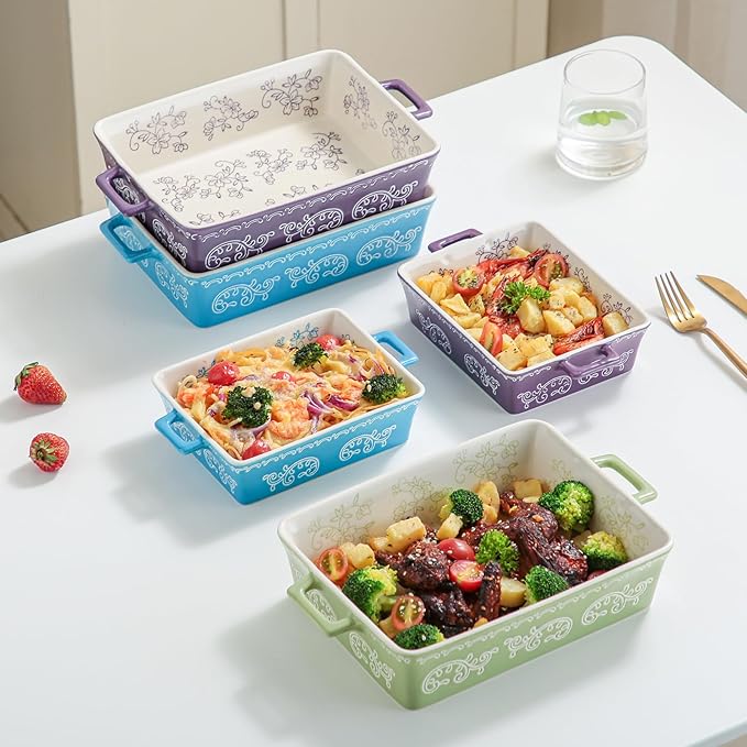 Domini Casserole Dishes for Oven, Ceramic Baking Dishes for Oven Set of 2, Lasagna Pan Deep, Baking Pan Set Square Casserole Dish Set with Handles for Baking, Pattern Green(11.4+8.5inch)