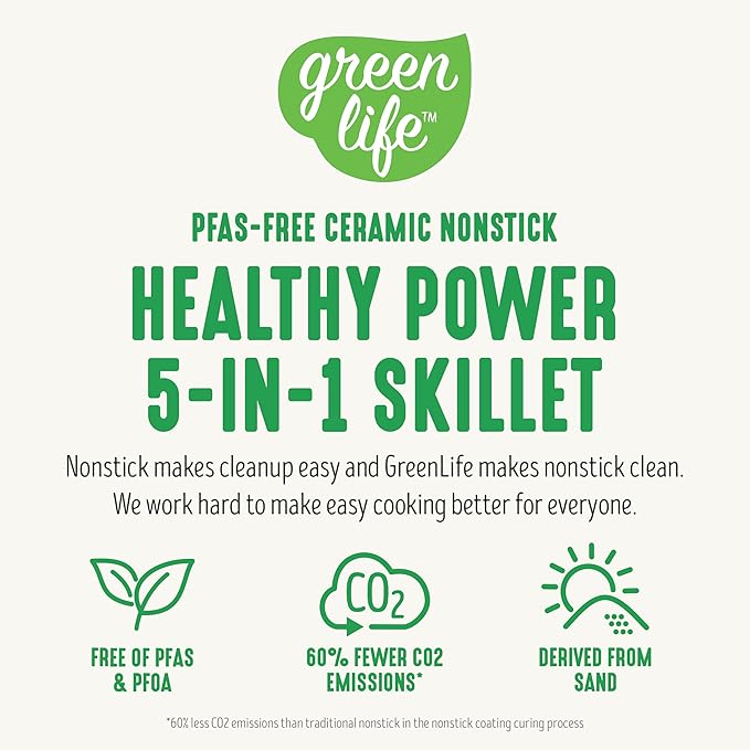 GreenLife 12" 5QT Square Electric Skillet, Glass Vented Lid, Ceramic PFAS-Free Nonstick Interior, Adjustable Temperature Control, Cool Touch Handles, Quick Even Heating, Scratch Resistant, Turquoise