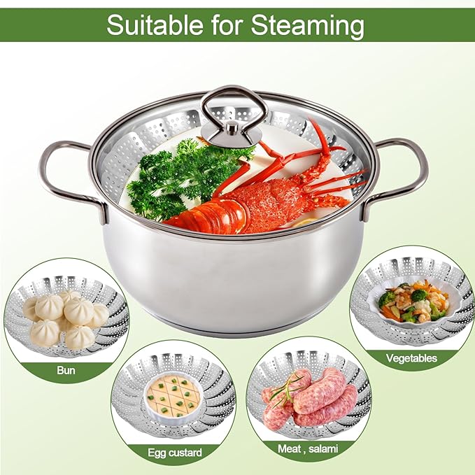 Steamer Basket for Cooking – Premium 304 Stainless Steel Steamer Basket, 3rd Gen Folding Expandable Steamers, Suitable for Cookware Pot, Fit for Fish Vegetables Pasta Eggs (Small (5.5“ to 9.05”))