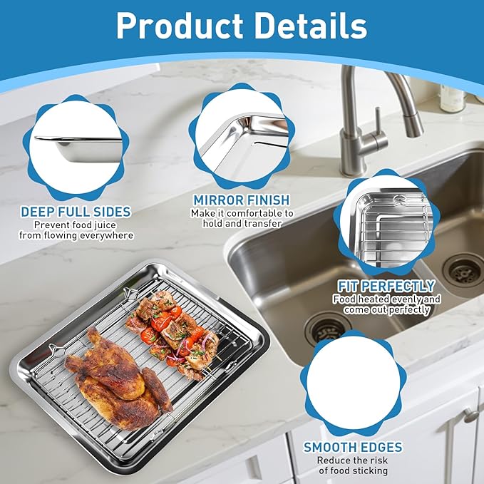 4 PCS Stainless Steel Baking Sheet Set,(2 Sheets + 2 Racks)15.7 X 11.8 Inch Baking Pan with Stainless Steel Fork,Spoon and Knife,Rust Baking Tray Pan for Kitchen Oven,Easy Clean&Durable