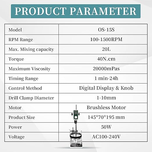 OS-15S Digital Overhead Stirrer 20L(H₂O) Lab Stirrer Flat-Base Stainless Steel Stand & 2 Stirring Paddles & Beaker Holder | 100-1500RPM,20000 mPas,Timing 1min-24h