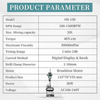 OS-15S Digital Overhead Stirrer 20L(H₂O) Lab Stirrer Flat-Base Stainless Steel Stand & 2 Stirring Paddles & Beaker Holder | 100-1500RPM,20000 mPas,Timing 1min-24h