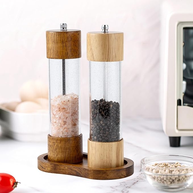 Salt and Pepper Wood Mill Tray, Retro Colour Pepper Grinder Rest, Work Surface and Dining Table Protector (Pepper Mill not Included)