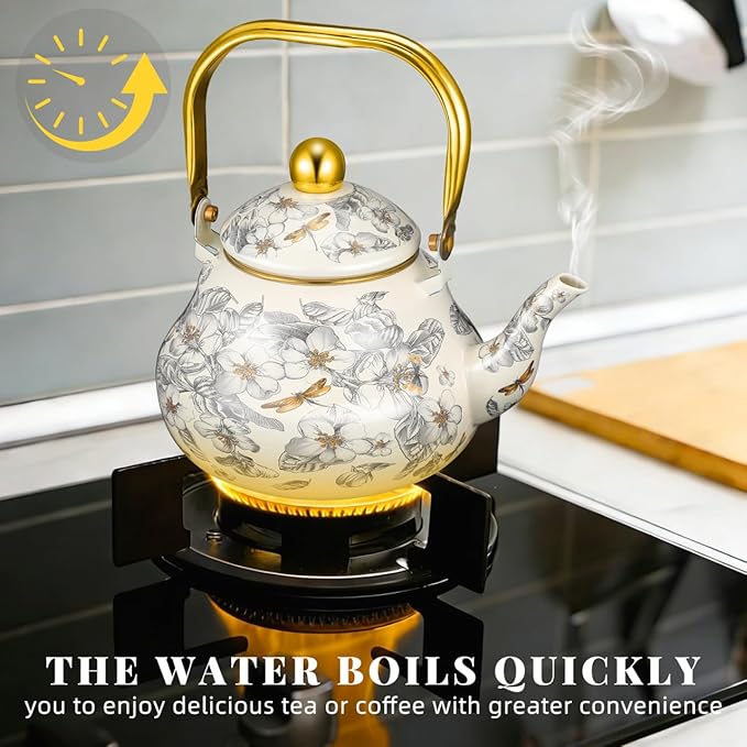 Cabilock Vintage Enamel Tea Kettle, Floral Enamel on Steel Teapot 2L Stovetop Ceramic Teakettle Retro Classic Water Boiler with Cool Handle for Home Kitchen Decor