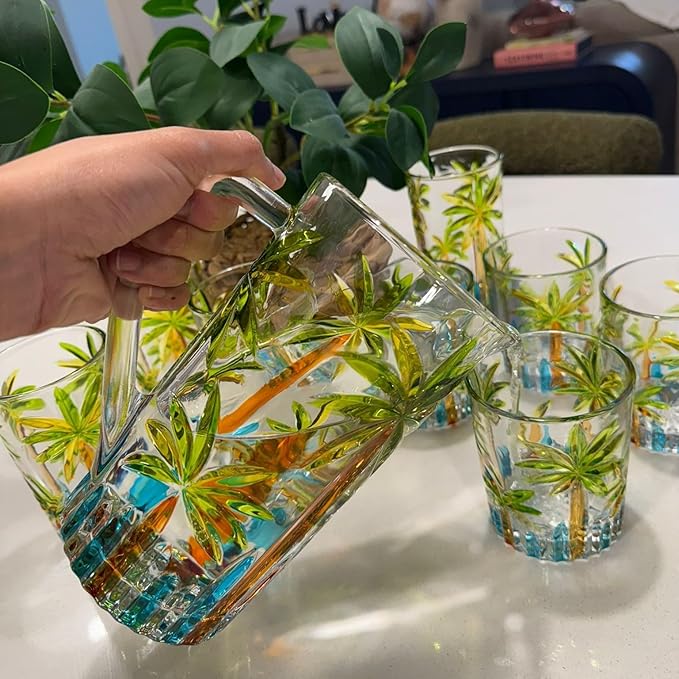 Tropical Summer Glass Jug Caribbean Mix Rum Punch Coconut Tree Pool Party Colorful Design Tiki Bar Engraved Jugs To Pour Into Drinking Glasses Margarita Mojito Martini Whiskey Sour Beach Water Palm