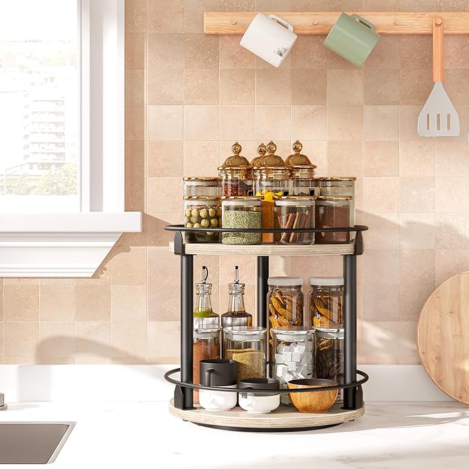 YATINEY Lazy Susan Organizer, Rotating Spice Rack, 2 Tier Spice Turntable Organizer, Industrial Turntable Spice Holder, for Kitchen Countertop and Cabinet, Compact and Versatile, Greige SR22BG