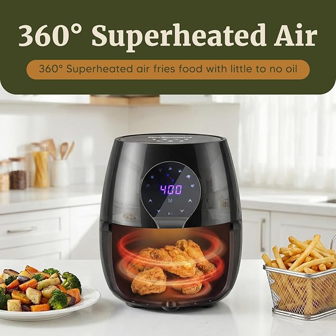 Elite Gourmet EAF5317D Digital 5.3Qt Hot Air Fryer 7 Menu Functions 1350W Oil-Less Healthy Cooker, Timer & Temperature Controls, PFOA/PTFE Free, Black