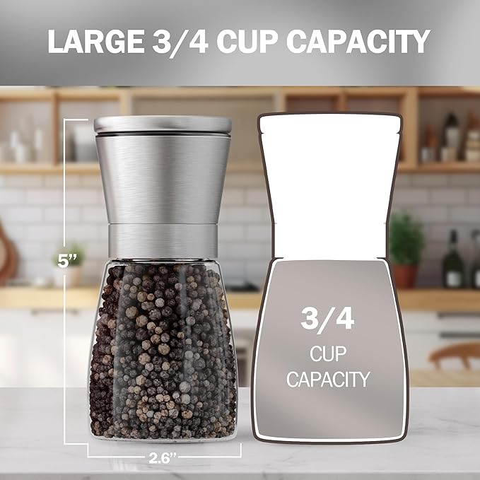 Home EC Original Stainless Steel Sea Salt and Pepper Grinder Set of 2 - Adjustable Ceramic - Glass Salt and Pepper Shakers - Kitchen Pepper Mill & Salt Mill W/Funnel & EBook