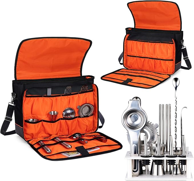 CURMIO Bartender Bag, Travel Bag for Bar Tools Set, Bartender Kits Storage with Padded Compartments for Wine Bottles, for Home Indoor Outdoor Patio Party, Black (Bag ONLY)