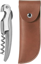 Sleek Waiter’s Corkscrew by ELMWAY - Stainless Steel Manual Wine Opener with Foil Cutter & Beer Bottle Opener, Durable Wine Key with Genuine Leather Case & Gift Box for Wine Lover