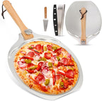12"x14" Aluminum Pizza Peel Set- Pro Pizza Paddle & Pizza Spatula with Foldable Wooden Handle & Rocker Cutter Compatible with Ninja/ooni, Complete Pizza Oven Accessories for Baking Bread/Dough/Pastry