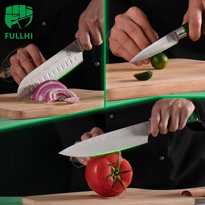 FULLHI 15pcs Japanese Knife Set with Magnetic Knife Block Holder, Japan Stainless Steel Blades, Green Resin Ergonomic Handles for Professional and Home Cooking