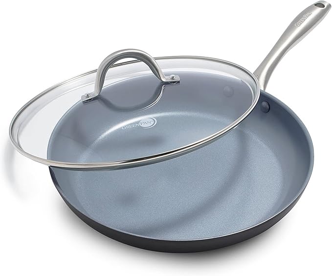 GreenPan Lima Hard Anodized 12" Frying Pan Skillet with Lid, Ceramic Nonstick, PFAS-Free Nontoxic Pots and Pans, Oven & Broiler Safe, Stainless Steel Handle, Cookware for Eggs & Omelet, Gray