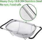 Tiawudi 6-Quart Large Over The Sink Colander, Heavy Duty 40% Thicker 18/8 Stainless Steel Fine Mesh Strainer Basket with Expandable Rubber Grip Handles - Strain, Drain, Rinse Fruits, Vegetables