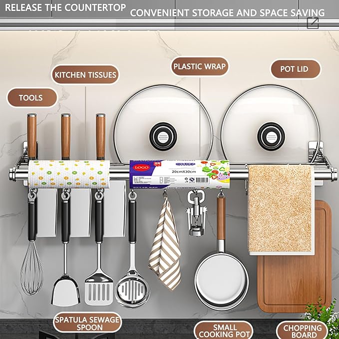 Hanging Wall Mount knife Wall Mount, Kitchen Organizer Storage Shelf for Utensils Spatula Spoon, Space-Saving Knife Rack with Hooks,Wall-Mounted Utensil Holder (Black, 50CM+Three Poles+8Hooks)