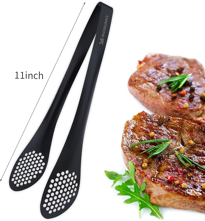 MSY BIGSUNNY Stainless Steel Buffet Tongs - Heavy Duty Kitchen Food Tong for Cooking and Serving (Black - 11" Serving Tongs)