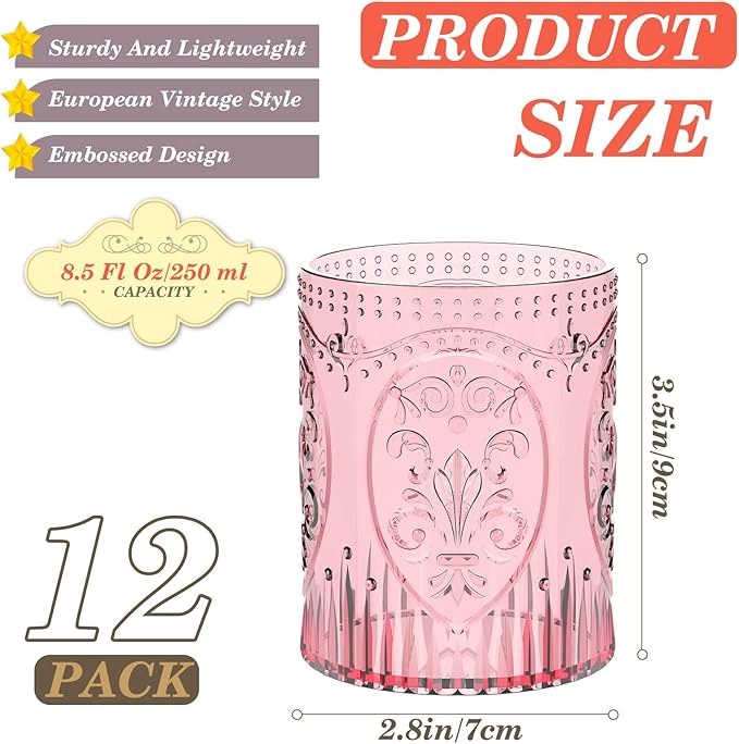 Qinyoung 12 Plastic Vintage Drinking Glasses 8.5oz Stemless Retro Embossed Wine Glasses Shatterproof Reusable Cups for Baby Shower Wedding Reception Grand Event Party (Pink)