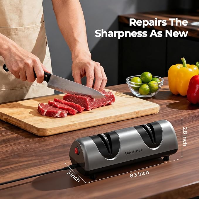 Electric Knife Sharpener, Professional Kitchen Knife Sharpener for Home Use, 2 Stages of Coarse Sharpening & Fine Polishing, Metal Dust Collection Box for Easy Cleaning, Dark Gray