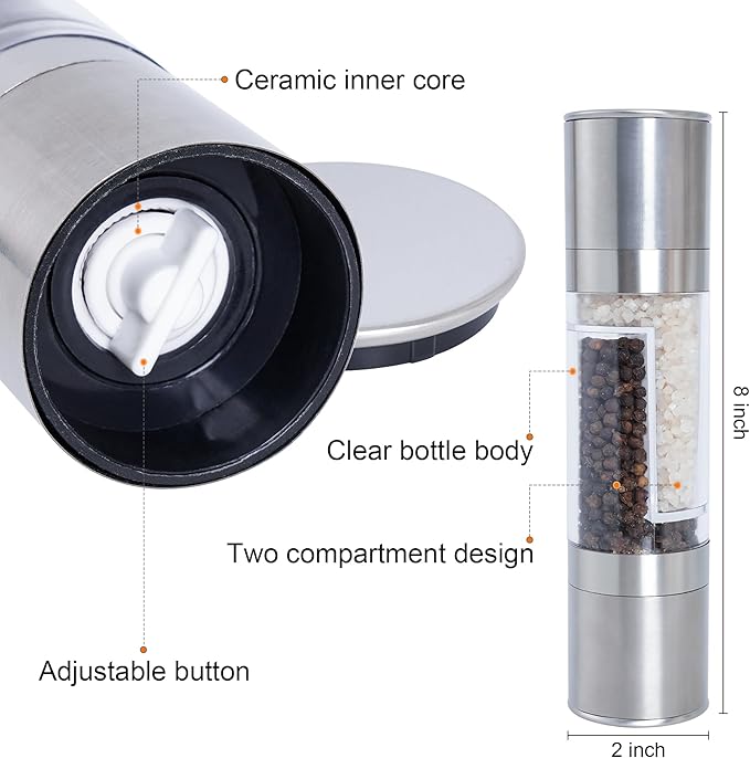 2 in 1 Salt and Pepper Grinder Stainless Steel Manual Pepper Mill Adjustable Coarseness Ceramic Spice Grinder Dual Refillable Salt Pepper Mill Shaker for Camping Travel Outdoor Home BBQ
