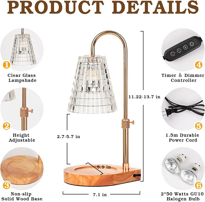 Candle Warmer Lamp with Timer, Glass Candle Lamp Warmer, Christmas Gifts for Women Mom Her, Dimmable & Adjustable Wax Warmer Lamp for Jar Candles, House Warming Gifts for New Home Decor