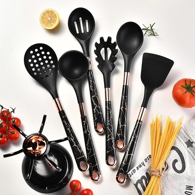 Kitchen Utensils Set,Cooking Utensils Set,Kitchen Utensils Set with Stand, 7pcs Silicone Cooking Utensils, Nonstick Pasta Spoons Skimmer Spatula Baking Kitchen Tools Gadgets(Black)