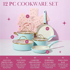 Paris Hilton Epic Nonstick Pots and Pans Set, Multi-layer Nonstick Coating, Tempered Glass Lids, Soft Touch, Stay Cool Handles, Made without PFOA, Dishwasher Safe Cookware Set, 12-Piece, Aqua