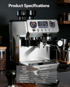 HERTELLA Espresso Machines with Burr Grinder, 20 Bar Visual Pressure Gauge, Milk Frother Steam Wand, Stainless Steel, 4 Temperature Modes (Hot and Cold Brew)，Automatic Pressure Release Function