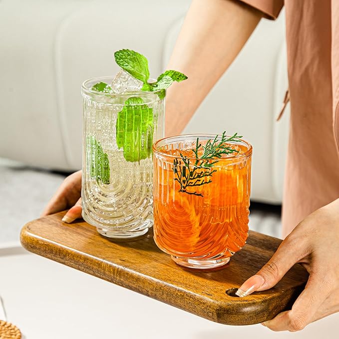 Ribbed Glassware Set of 8, 4 pcs Coffee Tumbler & 4 pcs Rocks Glass Cups, Durable Cocktails & Iced Coffee Cups, Versatile Drinkware for Juice, Smoothies, Whiskey, Wine, Elegant Glass Set for Women