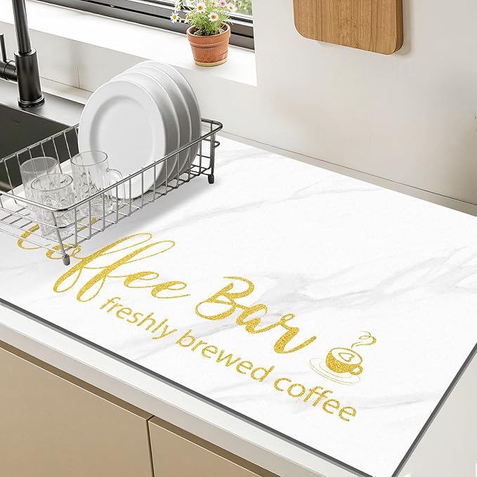 Findosom Dish Drying Mat, 17"x 32" Super Absorbent & Hide Stain Coffee Mat, Cuttable Drying Mat for Kitchen Counter, Coffee Bar Accessories, Under Dish Rack, Coffee Maker, Espresso Machine, White
