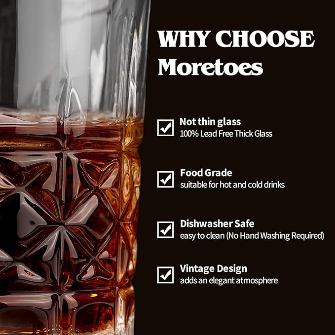 Moretoes Drinking Glasses, 12 Piece Crystal Glass Cups, Mixed Glassware Set, 6 Crystal Old Fashioned 10oz and 6 Highballs Glasses, Great for Cocktail, Whisky and Other Beverages