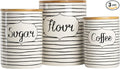 10 Strawberry Street Labeled Ceramic Kitchen Canister Set, Set of 3, Coffee Sugar Flour, White/Black, Bamboo Lids