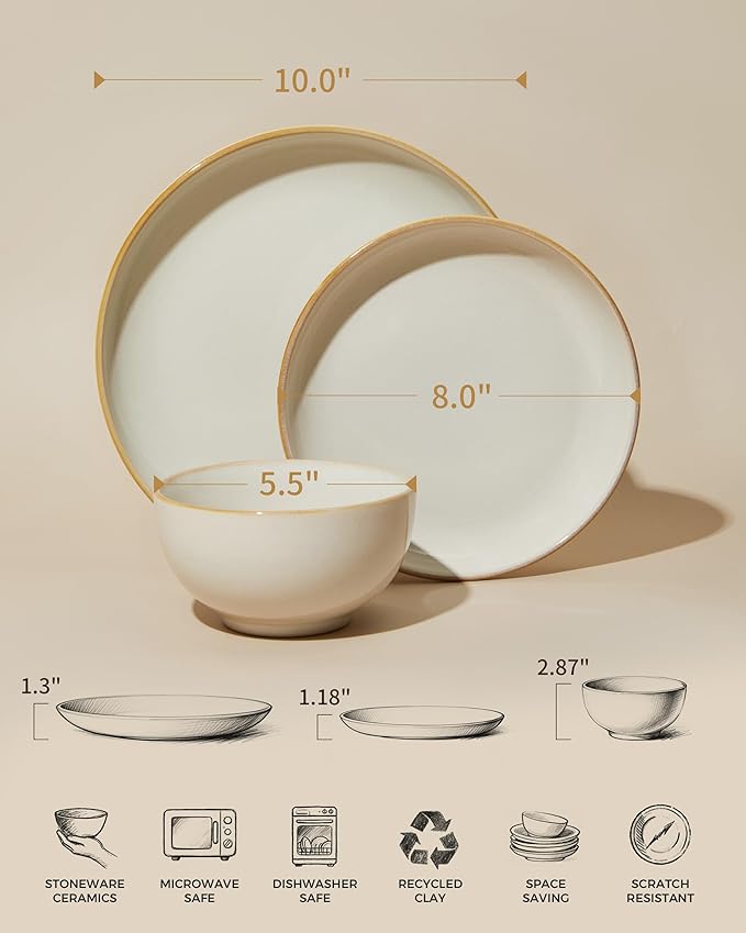 Pokini Plates and Bowls Sets for 8, 24 Piece Dinnerware Set for Large Families & Entertaining, Elegant Design, Dishwasher & Microwave Safe, Chip Resistant and Durable, Yellow White