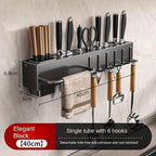 New Multi-Functional Kitchen Rack Home Wall-Mounted Knives Chopstick and Spoon Storage Rack Punch-Free cookware draining Rack, 50, Black